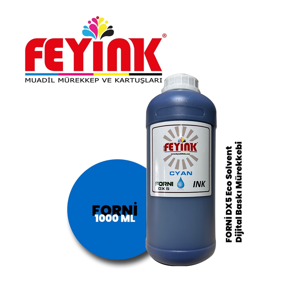 Feyink® Forni Ecosolvent Dijital Baskı Mürekkebi Epson DX5 Kafa Uyumlu Cyan (Mavi) -1000ml-