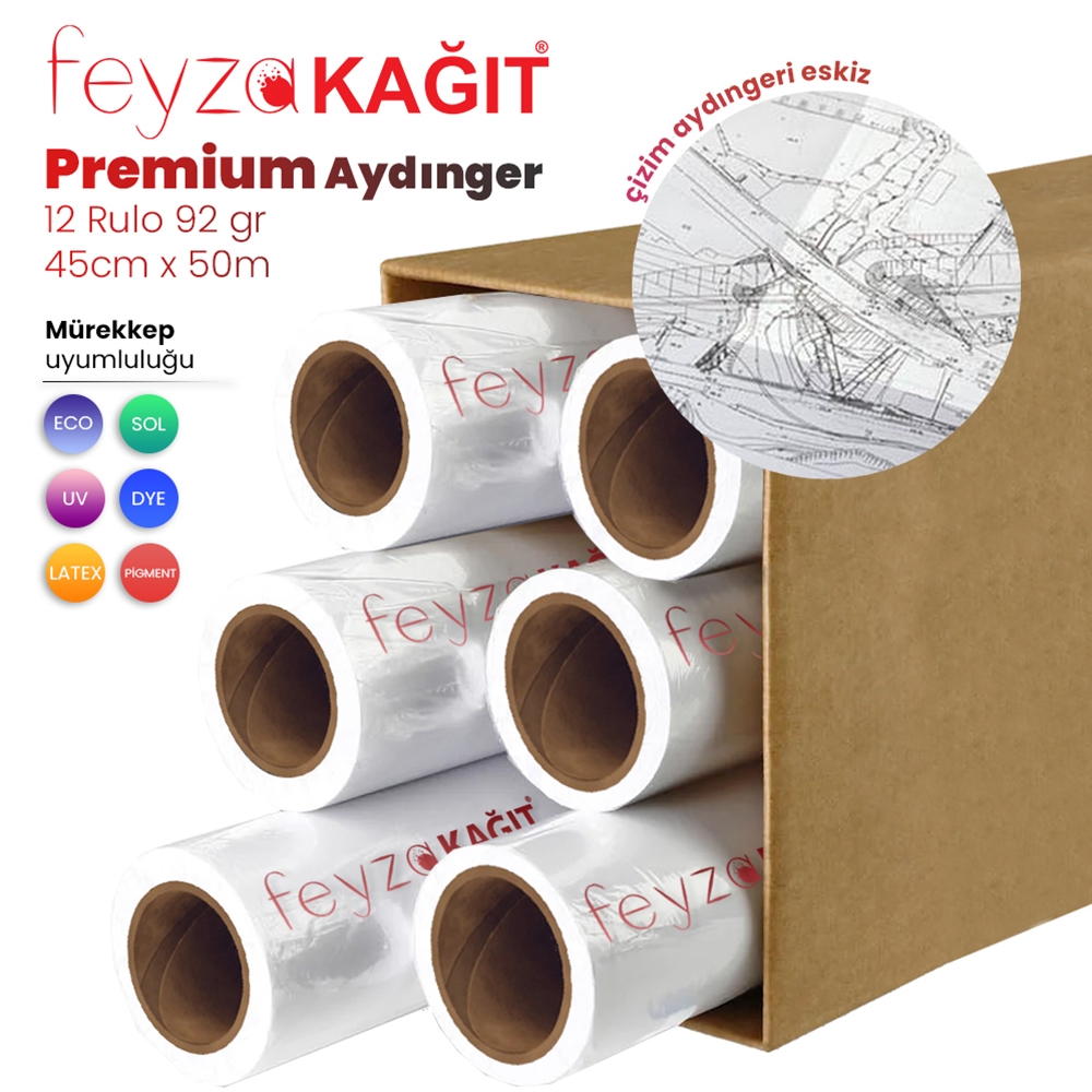 Feyza Kağıt® Plotter Aydınger (Çizim) Kağıdı 92gr Rulo 45cm x 50mt (12 Rulo)