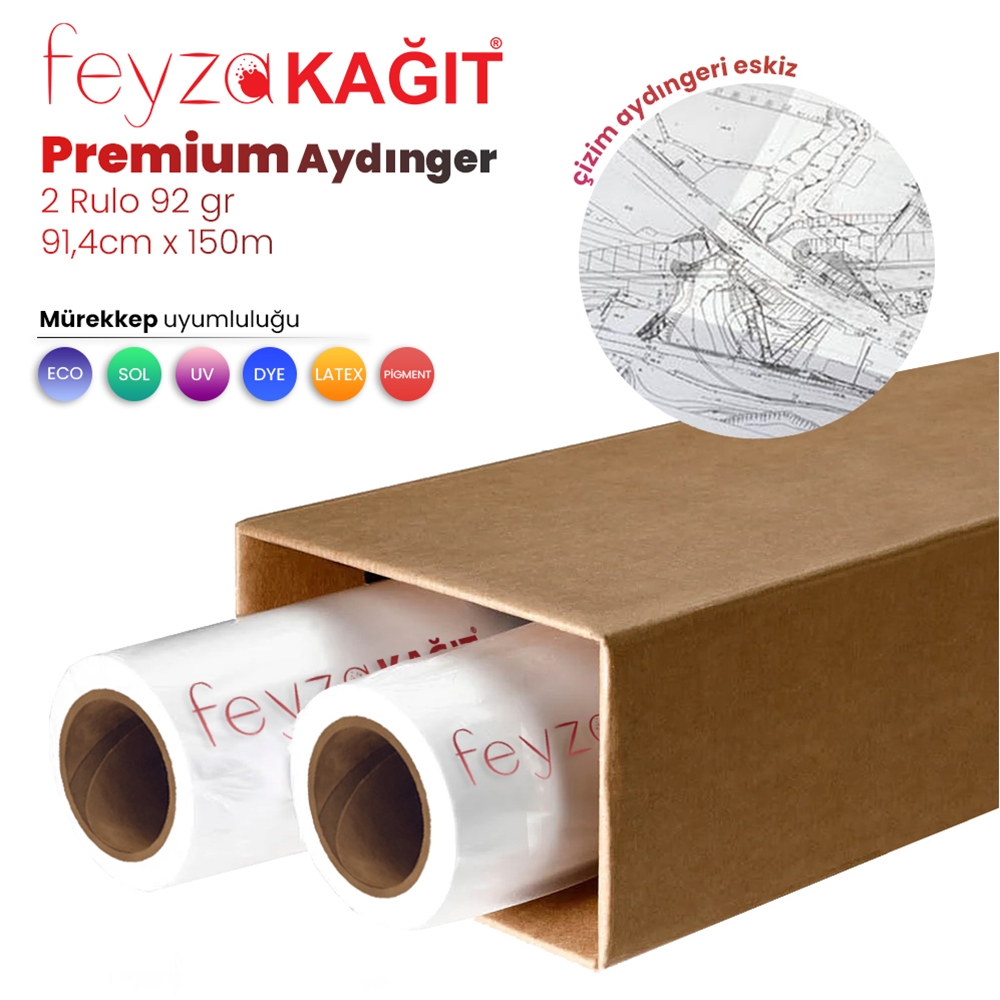 Feyza Kağıt® Plankopya Ozalit Aydınger (Çizim) Kağıdı 92gr Rulo 91,4cm x 150mt (2 Rulo)