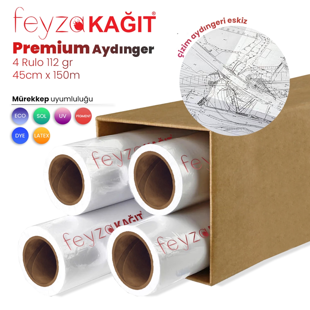 Feyza Kağıt® Plankopya Ozalit Aydınger (Çizim) Kağıdı 112gr Rulo 45cm x 150mt (4 Rulo)