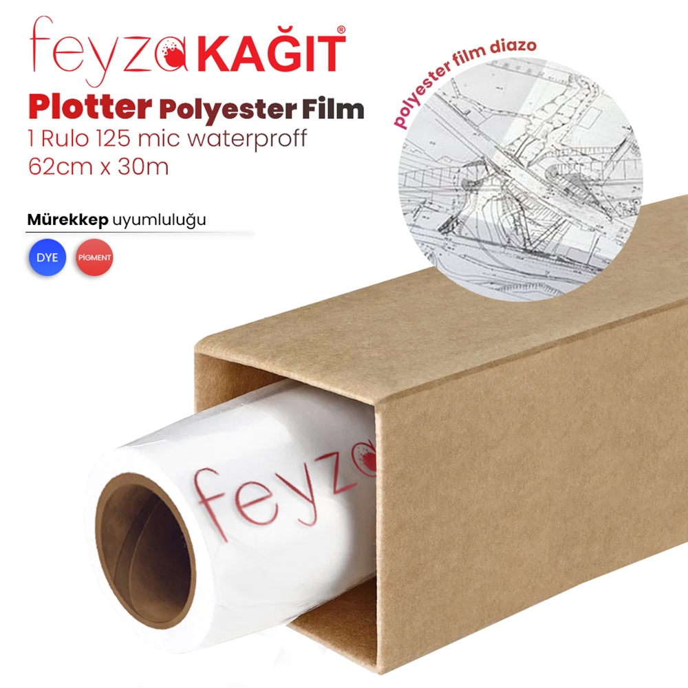 Feyza Kağıt® Plotter Polyesteri İnkjet Waterprof (Diazo) Kağıdı 125 Micron Rulo 62cm x 30mt (1 Rulo