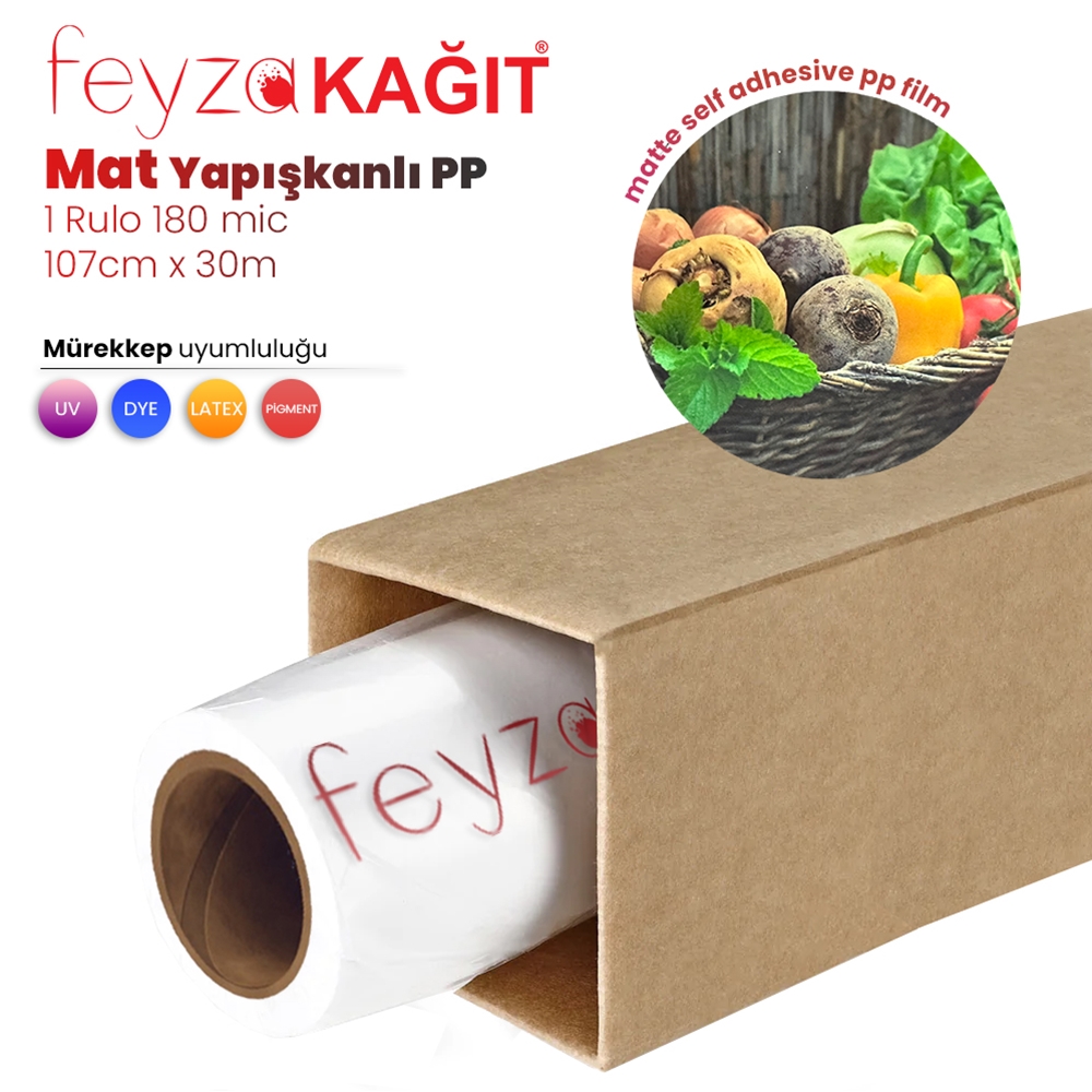 Feyza Kağıt® Mat Yapışkanlı PP Film Dye Pigment Waterprof 180 Mic 107cm x 30 mt (1 Rulo)