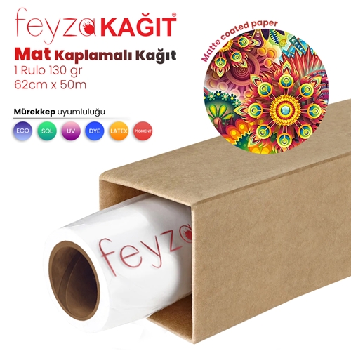 Feyza Kağıt® Premium Mat Coated Kağıt (Kaplamalı) 130 gr Rulo 62 cm x 50mt (1 Rulo)