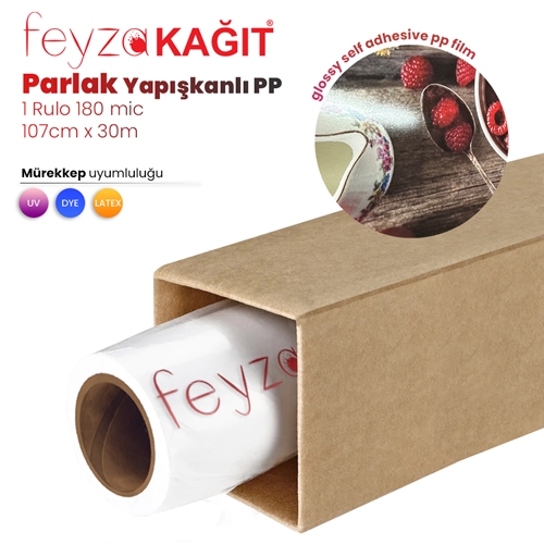 Feyza Kağıt® Glossy (Parlak ) Yapışkanlı PP Film Dye 180 Mic 107cm x 30 mt (1 Rulo)