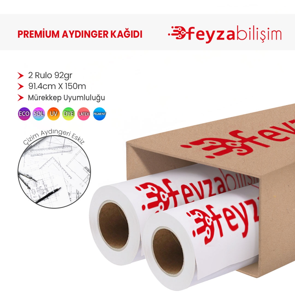 PlotterSarf® Plankopya Ozalit Aydınger (Çizim) Kağıdı 92gr Rulo 91.4cm x 150mt (2 Rulo)