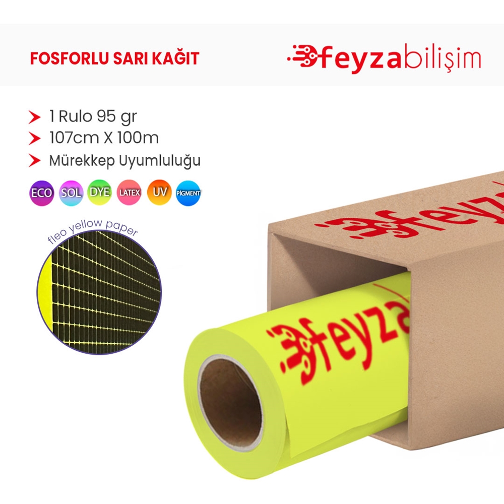 PlotterSarf® Flo Fosforlu Sarı (Floresan) Kağıt Rulo 95 gr 107 cm x 100 mt (1 Rulo)