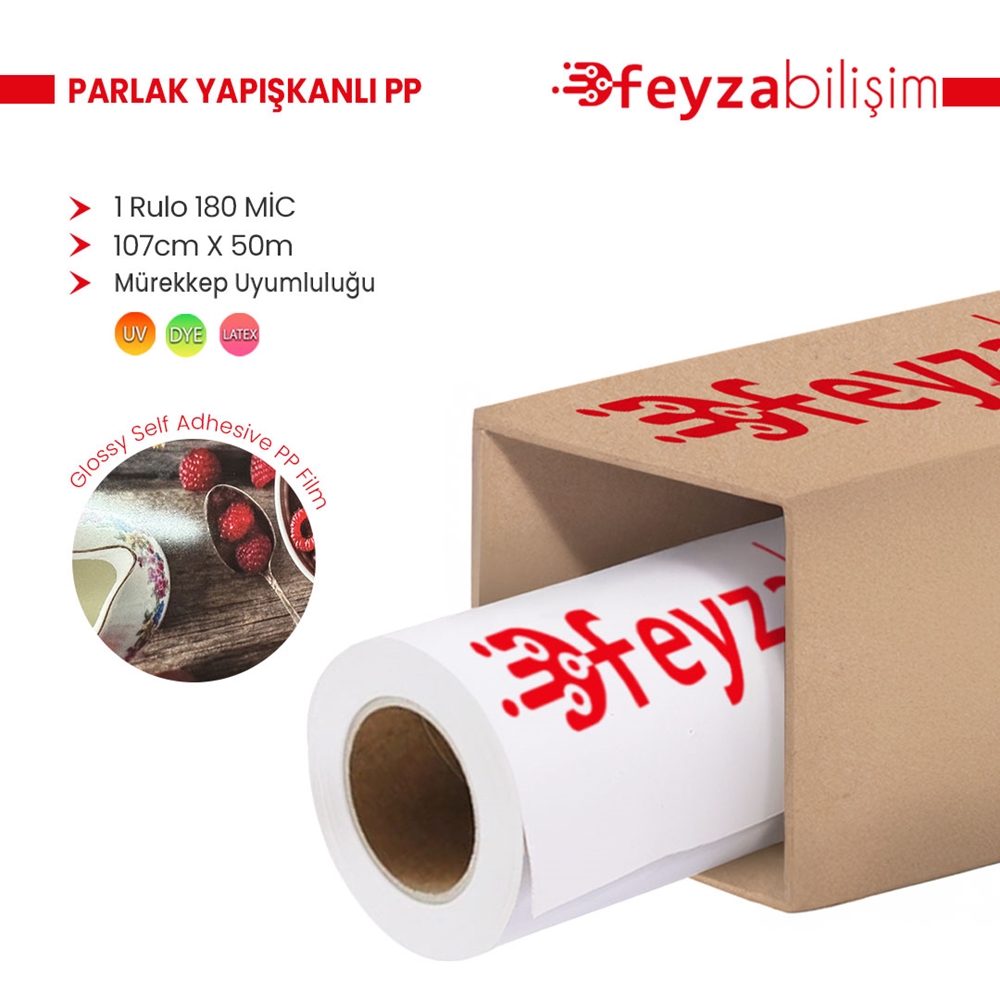 PlotterSarf® Glossy (Parlak ) Yapışkanlı PP Film Dye 150 Mic 107cm x 30 mt (1 Rulo)